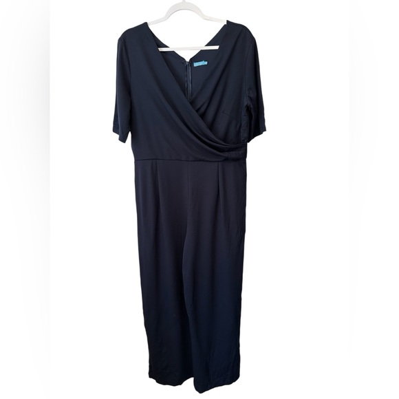 J. McLaughlin Nicole Jumpsuit Short Sleeve Faux Wrap Navy Blue Size Large EUC - Picture 1 of 5
